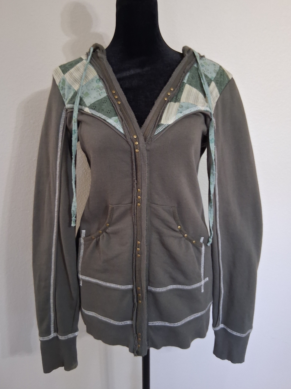 Free People Olive Green Zip Hoodie with Mint Patchwork